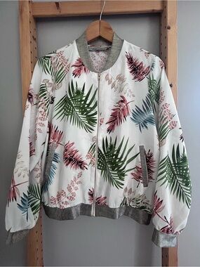 Tropical Leaf Bomber Jacket - White with Green & Pink Print